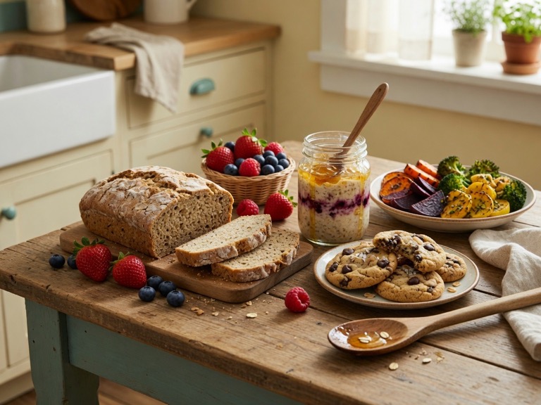 A welcoming gluten-free family table with bread, fruit, breakfast, and baked treats