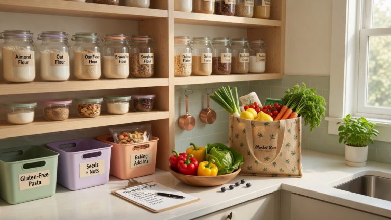 Organized gluten-free kitchen pantry with labeled jars, shopping list, and grocery tote for efficient GF shopping