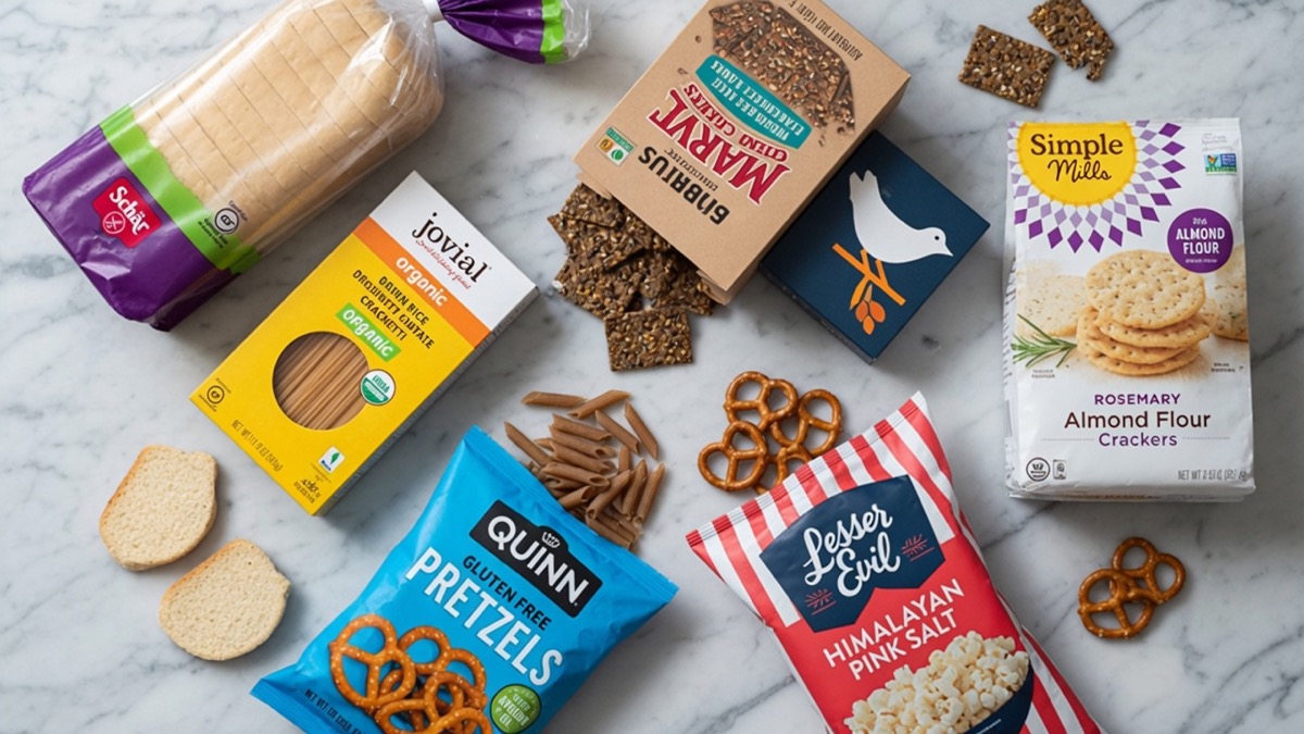 Trusted gluten-free products and brands flatlay